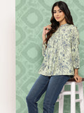 Janasya Women's Light Green Crepe Digital Print Casual Empire Top