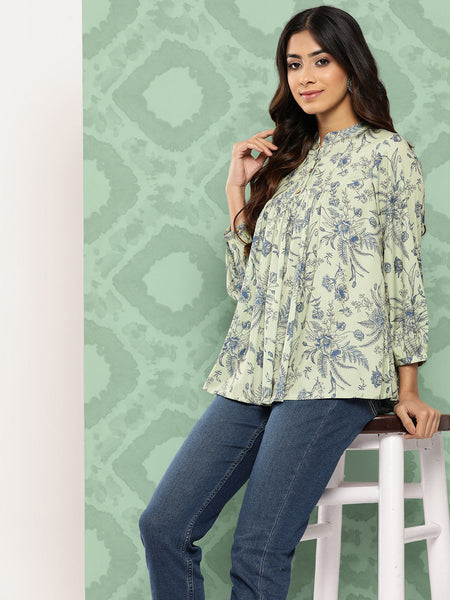 Janasya Women's Light Green Crepe Digital Print Casual Empire Top