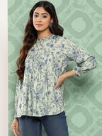 Janasya Women's Light Green Crepe Digital Print Casual Empire Top