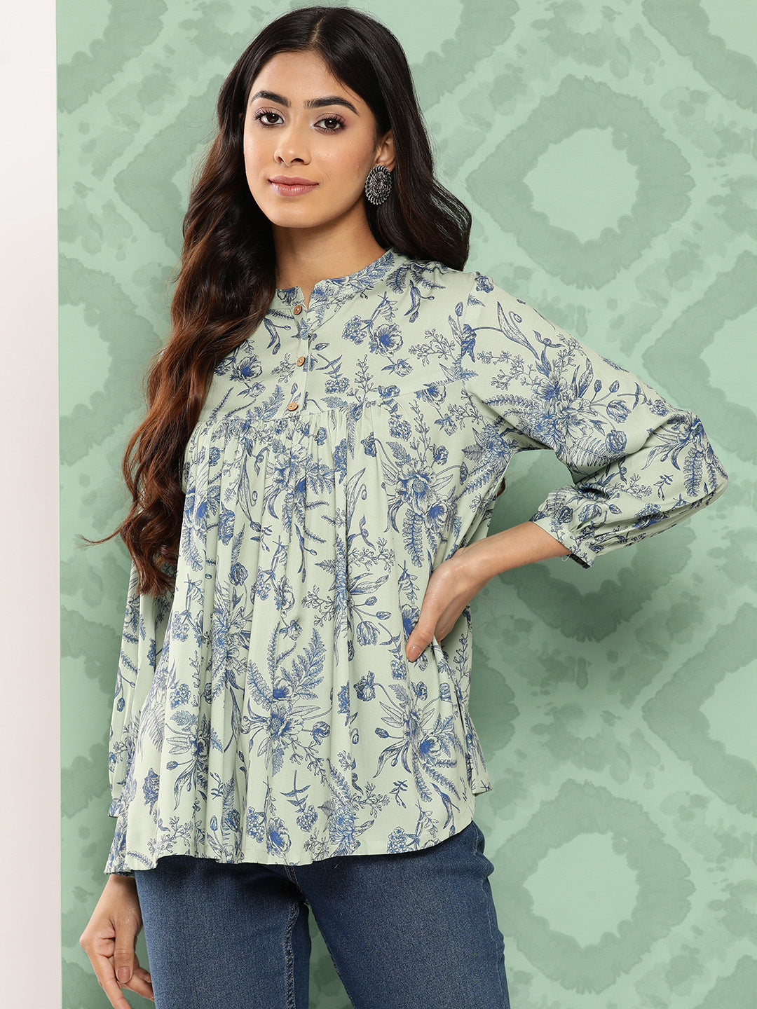 Janasya Women's Light Green Crepe Digital Print Casual Empire Top