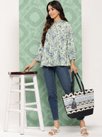 Janasya Women's Light Green Crepe Digital Print Casual Empire Top