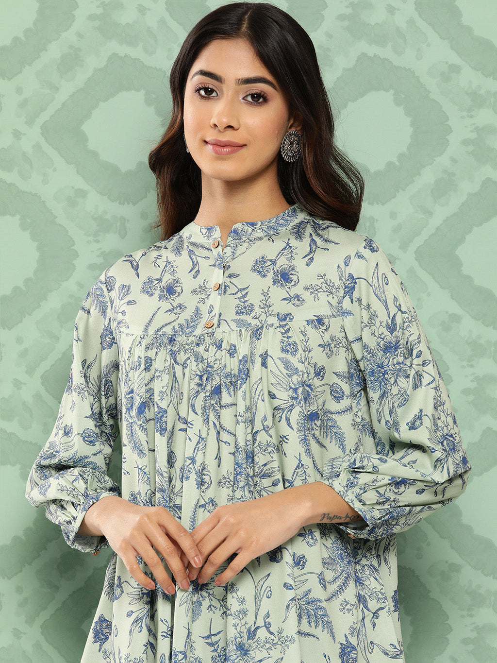 Janasya Women's Light Green Crepe Digital Print Casual Empire Top