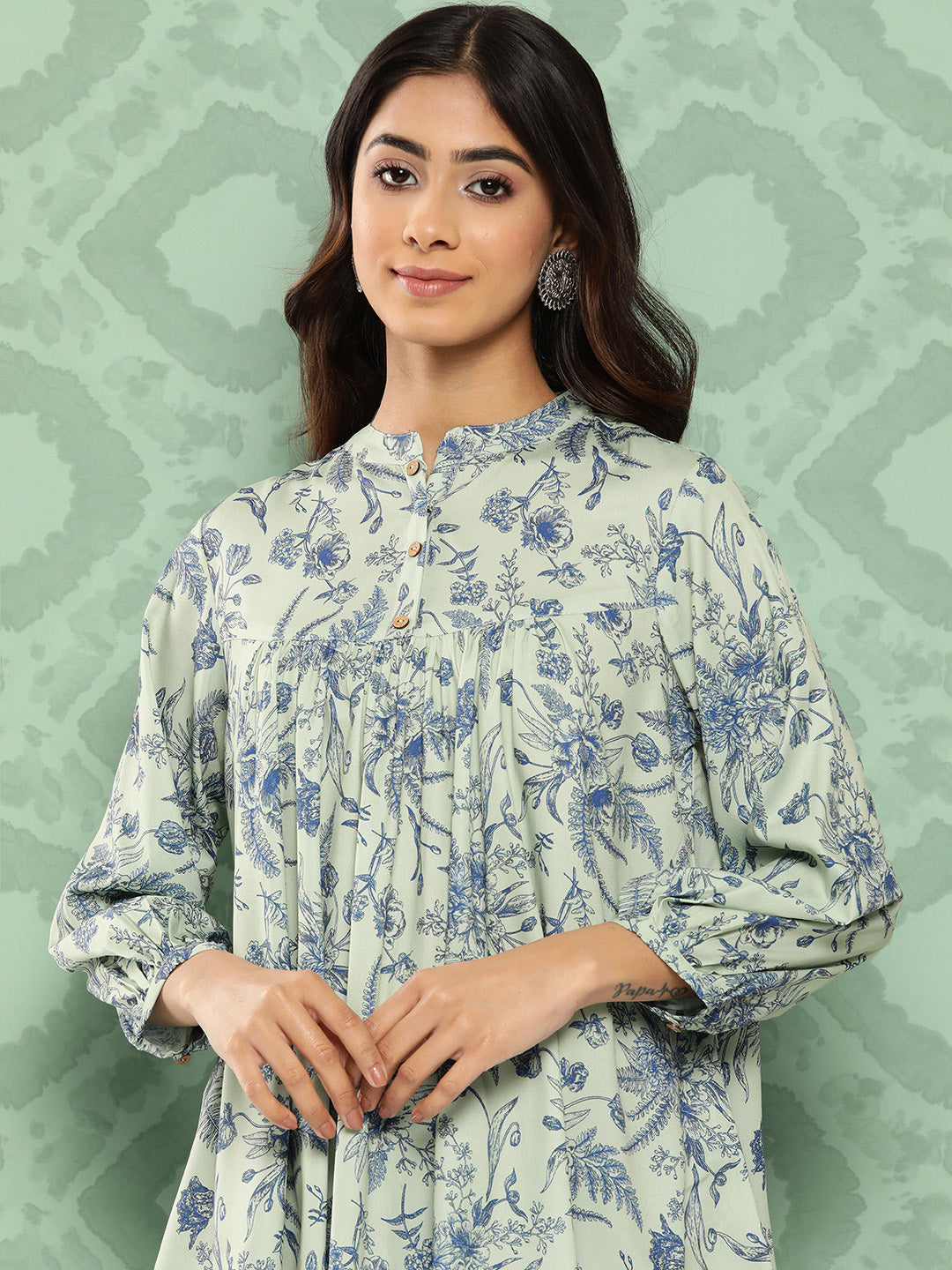 Janasya Women's Light Green Crepe Digital Print Casual Empire Top
