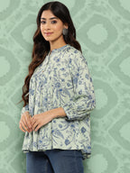 Janasya Women's Light Green Crepe Digital Print Casual Empire Top