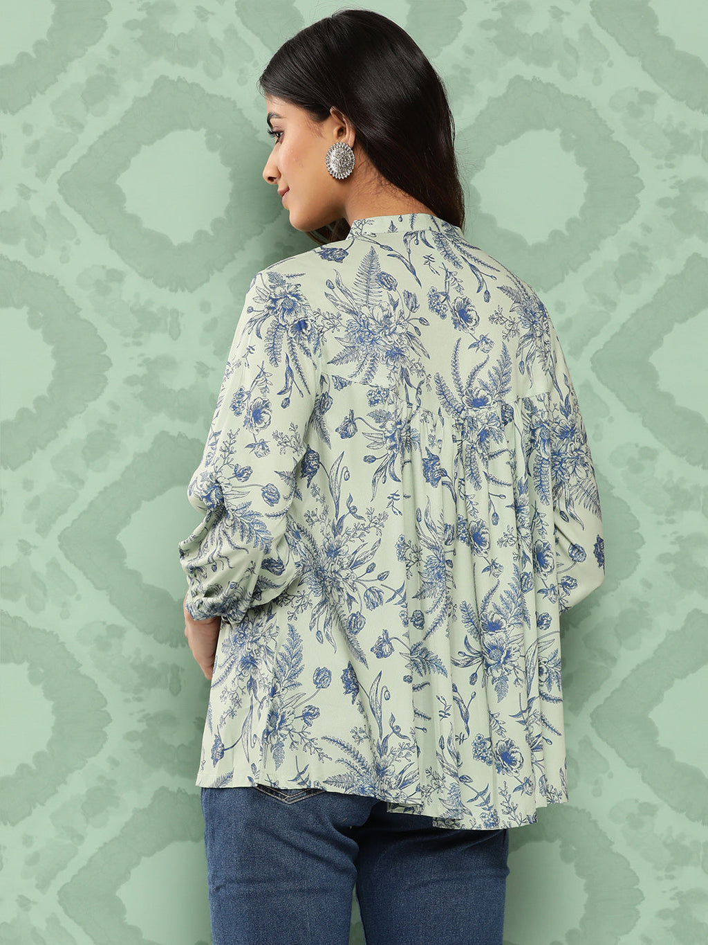 Janasya Women's Light Green Crepe Digital Print Casual Empire Top