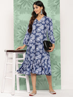 Janasya Women's Blue Crepe Digital Floral Printed A-Line Casual Dress - Distacart