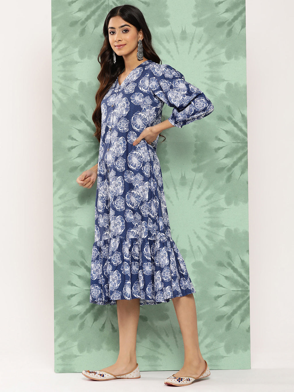 Janasya Women's Blue Crepe Digital Floral Printed A-Line Casual Dress - Distacart