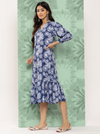 Janasya Women's Blue Crepe Digital Floral Printed A-Line Casual Dress - Distacart