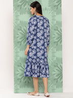 Janasya Women's Blue Crepe Digital Floral Printed A-Line Casual Dress - Distacart