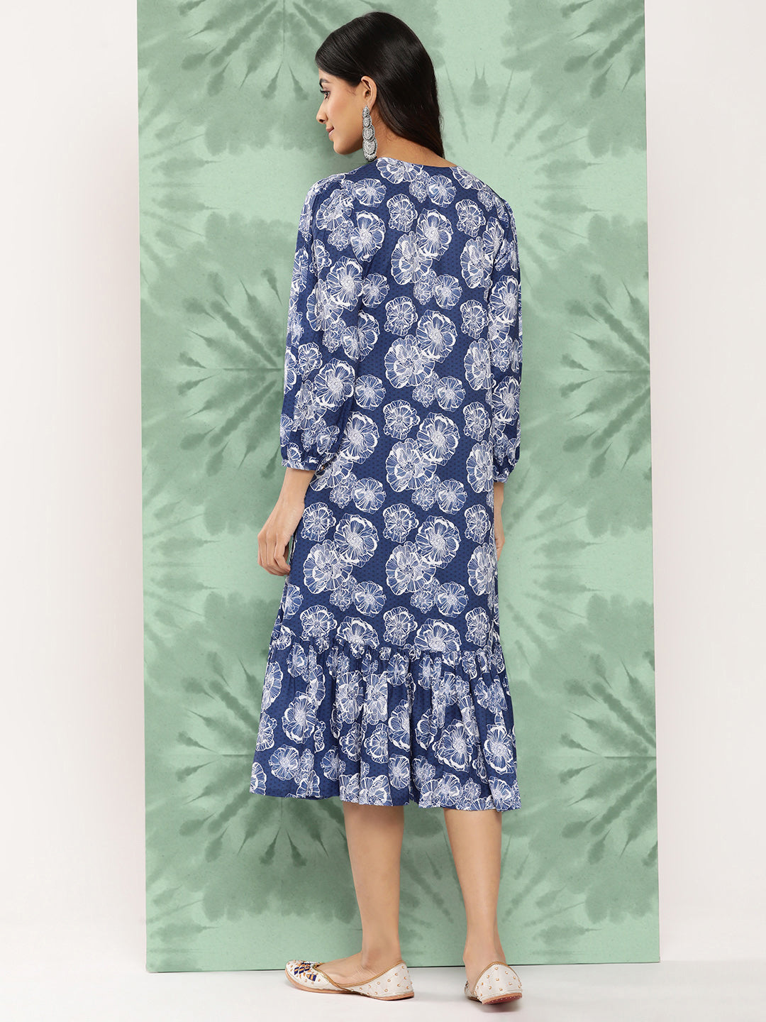 Janasya Women's Blue Crepe Digital Floral Printed A-Line Casual Dress - Distacart