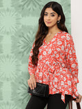 Janasya Women's Orange Crepe Digital Floral Print Casual Peplum Top