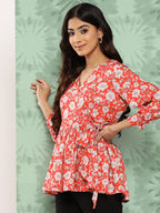 Janasya Women's Orange Crepe Digital Floral Print Casual Peplum Top