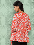 Janasya Women's Orange Crepe Digital Floral Print Casual Peplum Top