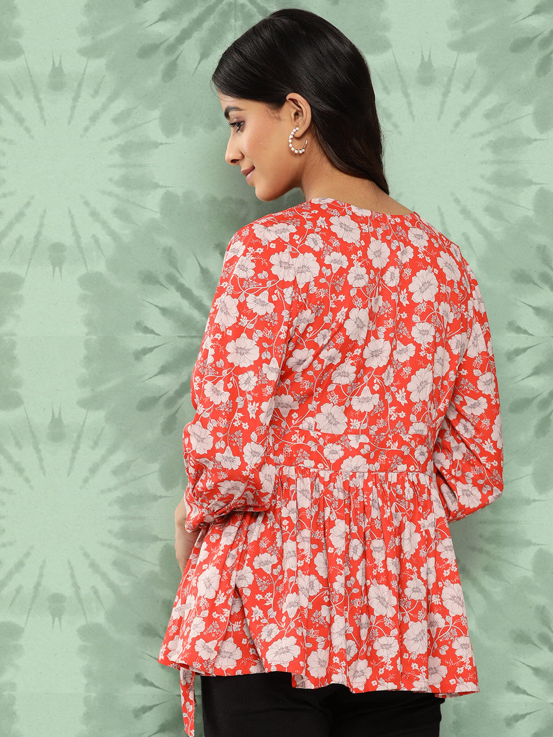 Janasya Women's Orange Crepe Digital Floral Print Casual Peplum Top
