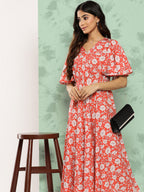 Janasya Women's Orange Crepe Digital Printed Flared Casual Dress - Distacart