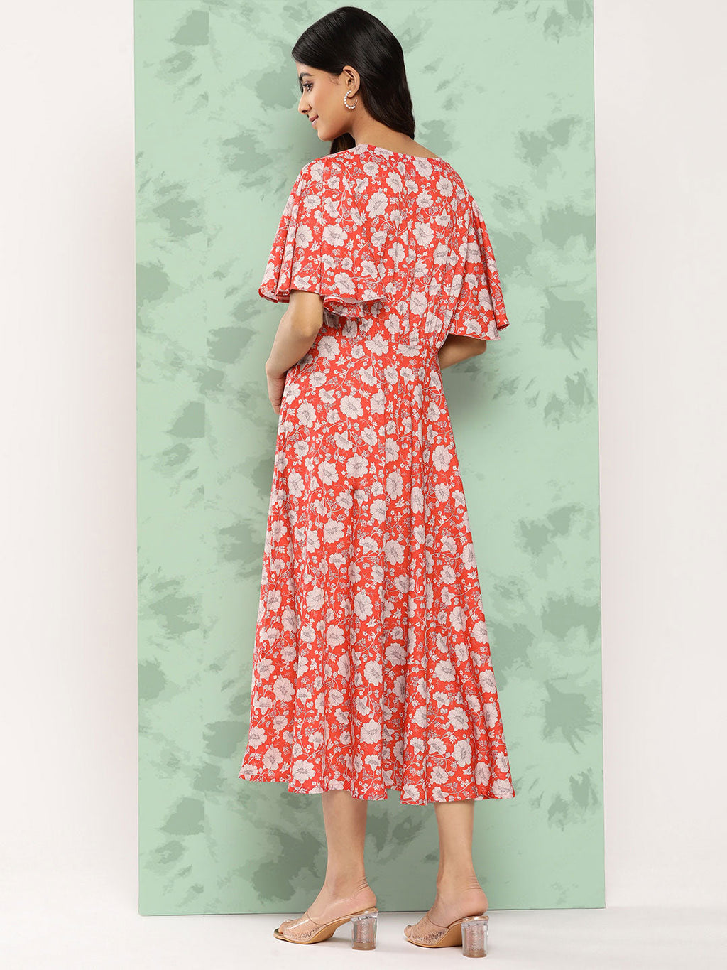 Janasya Women's Orange Crepe Digital Printed Flared Casual Dress - Distacart