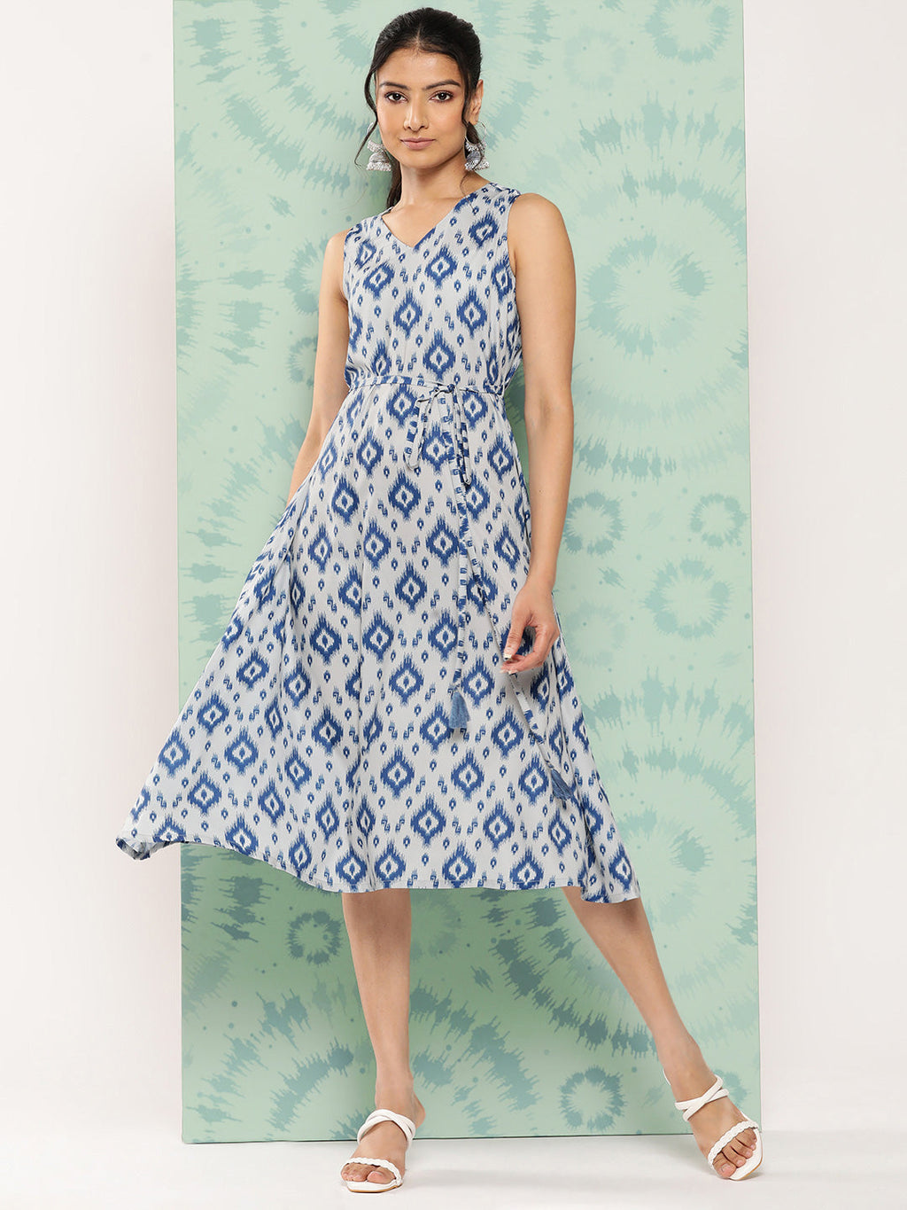 Janasya Women's Grey Crepe Ikat Printed A Line Casual Dress - Distacart