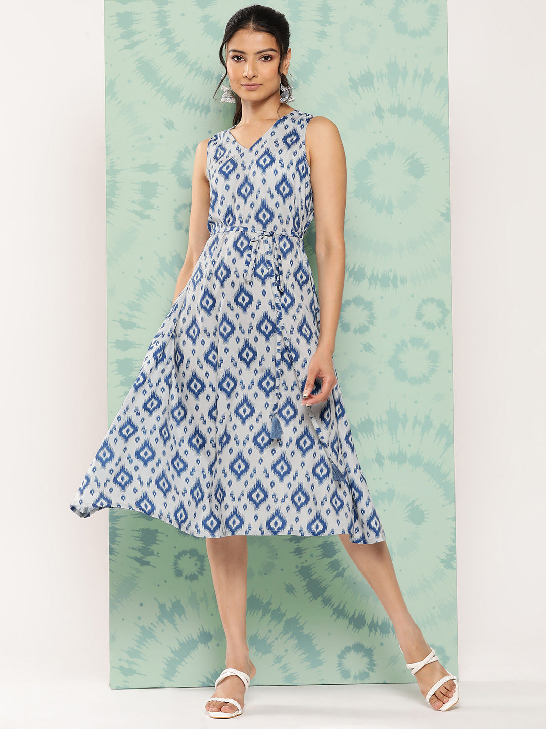 Janasya Women's Grey Crepe Ikat Printed A Line Casual Dress - Distacart