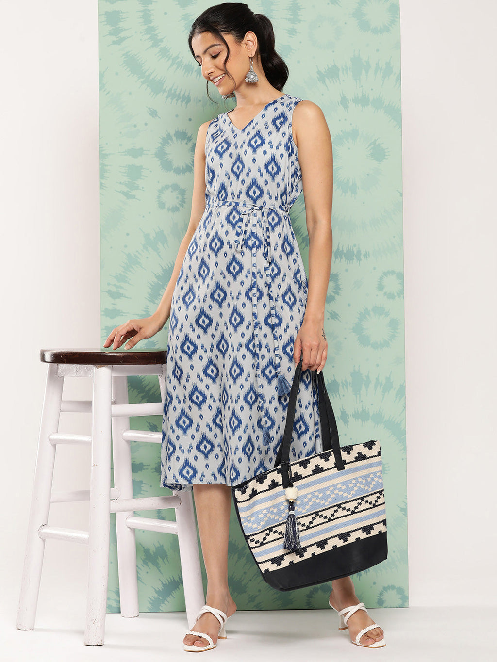Janasya Women's Grey Crepe Ikat Printed A Line Casual Dress - Distacart
