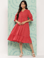 Janasya Women's Red Cotton Ethnic Motifs Printed Flared Casual Dress - Distacart