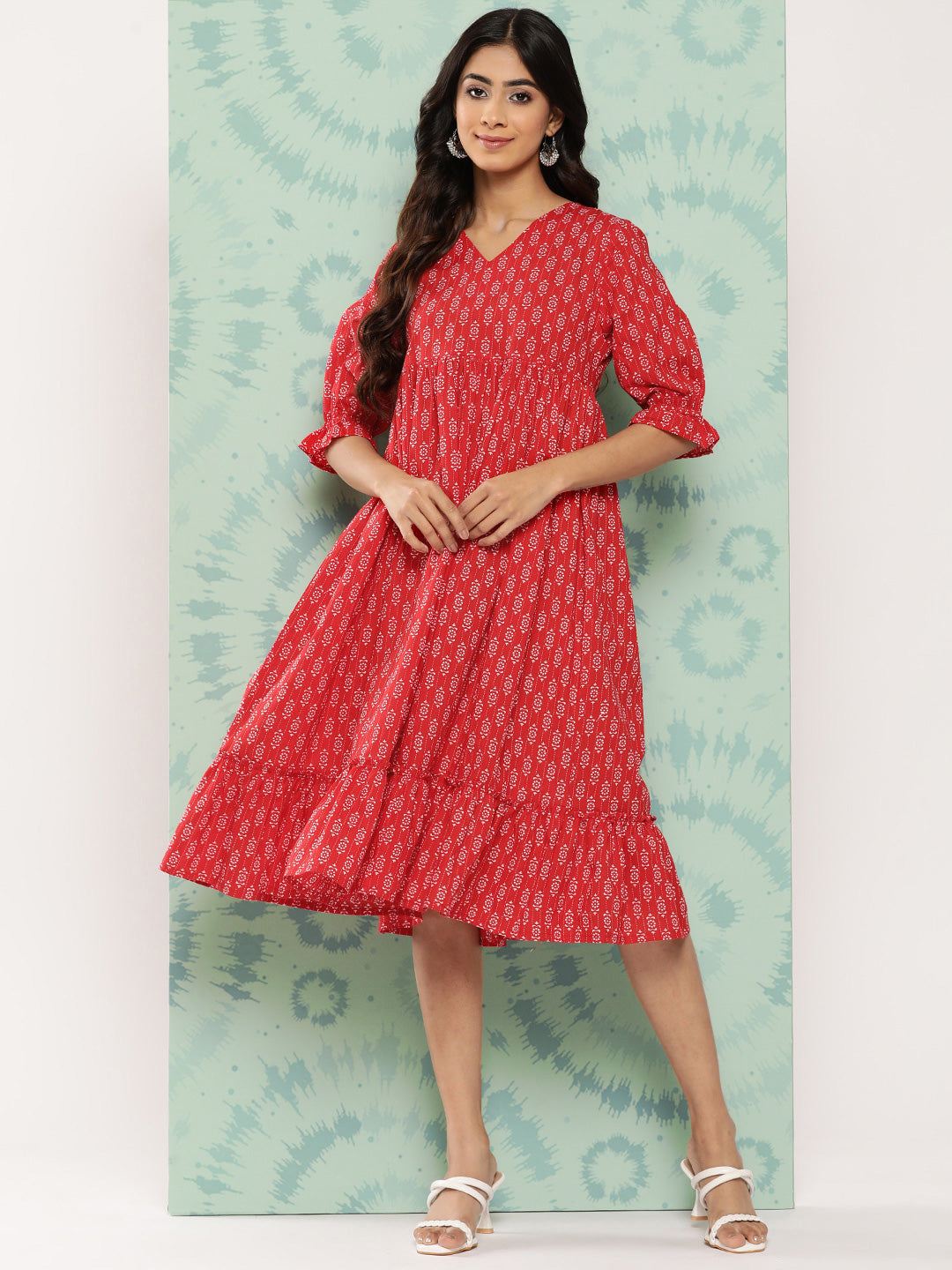 Janasya Women's Red Cotton Ethnic Motifs Printed Flared Casual Dress - Distacart