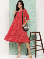 Janasya Women's Red Cotton Ethnic Motifs Printed Flared Casual Dress - Distacart