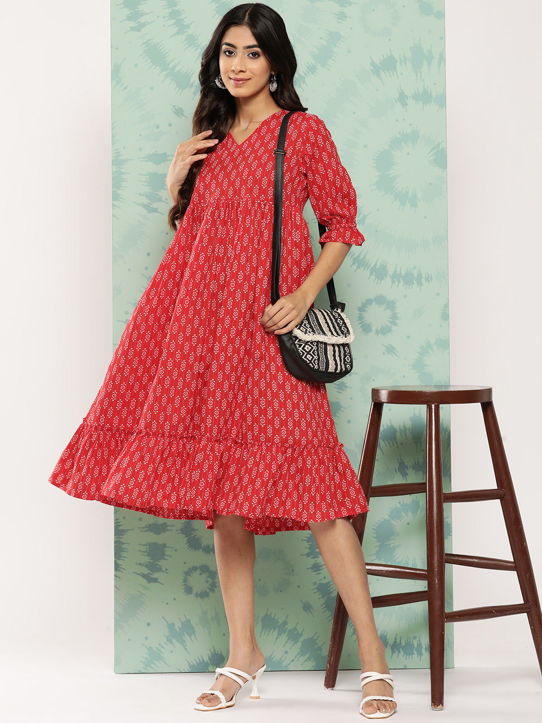 Janasya Women's Red Cotton Ethnic Motifs Printed Flared Casual Dress - Distacart