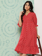 Janasya Women's Red Cotton Ethnic Motifs Printed Flared Casual Dress - Distacart