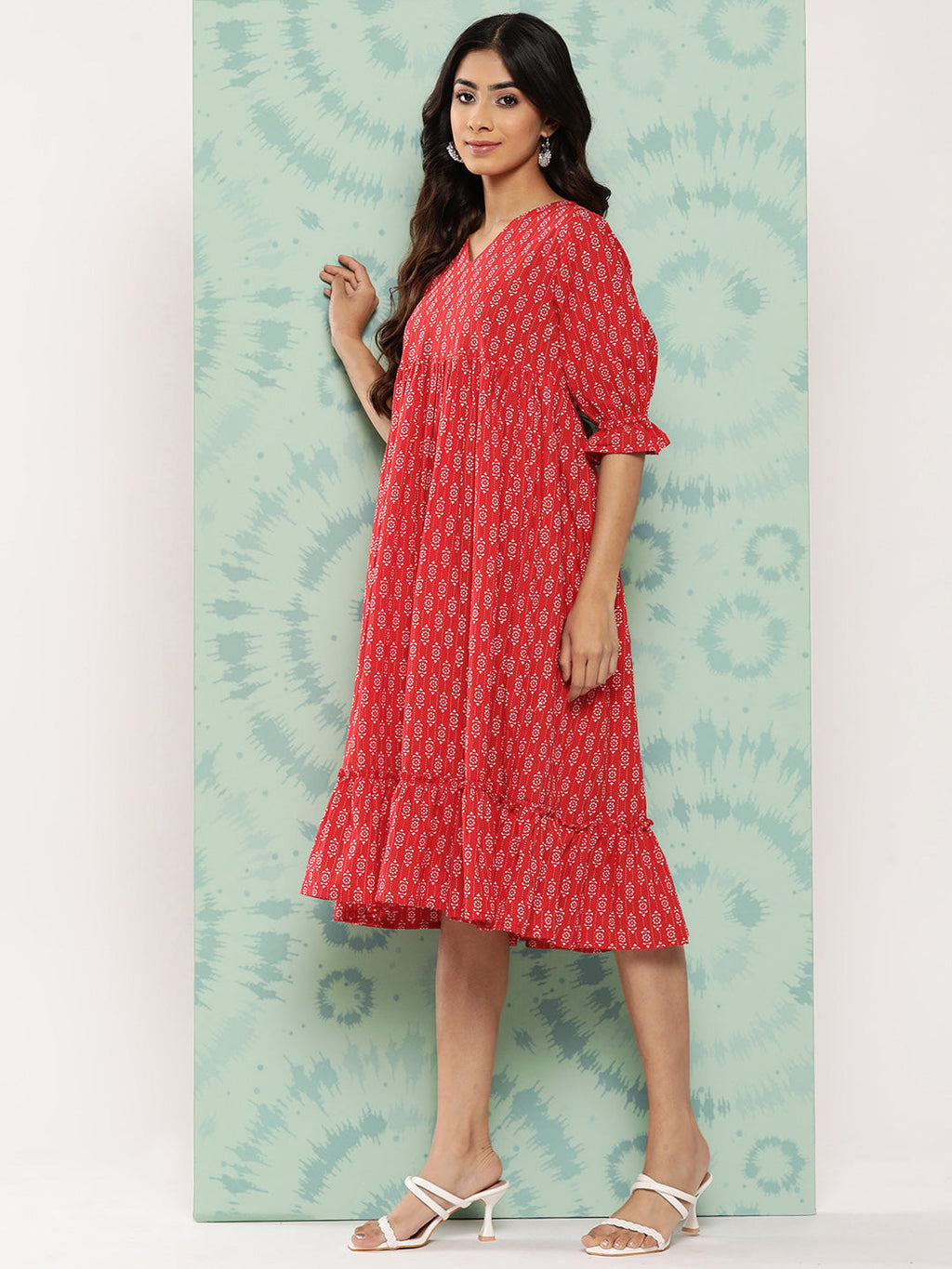 Janasya Women's Red Cotton Ethnic Motifs Printed Flared Casual Dress - Distacart