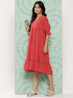 Janasya Women's Red Cotton Ethnic Motifs Printed Flared Casual Dress - Distacart