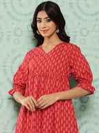 Janasya Women's Red Cotton Ethnic Motifs Printed Flared Casual Dress - Distacart