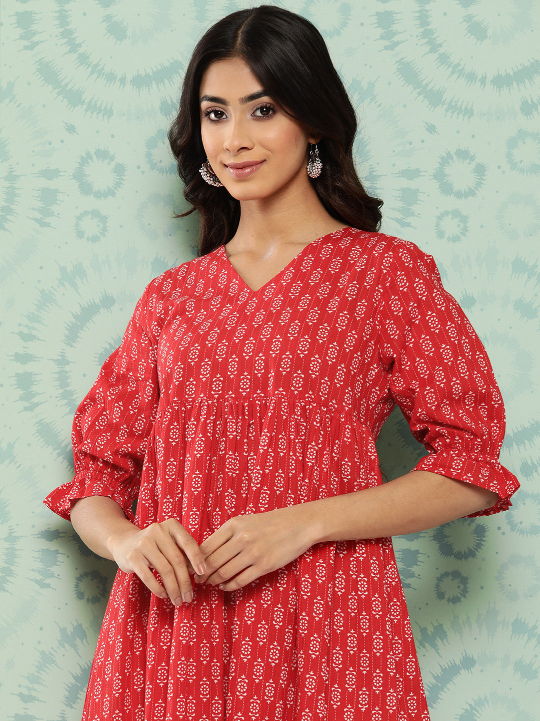 Janasya Women's Red Cotton Ethnic Motifs Printed Flared Casual Dress - Distacart
