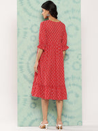 Janasya Women's Red Cotton Ethnic Motifs Printed Flared Casual Dress - Distacart