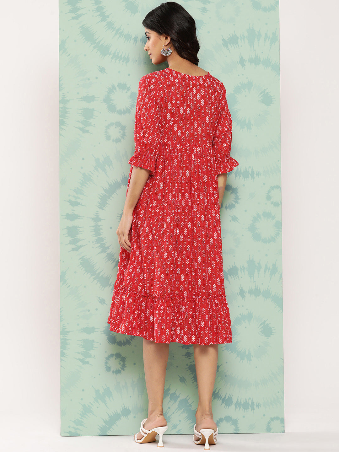 Janasya Women's Red Cotton Ethnic Motifs Printed Flared Casual Dress - Distacart