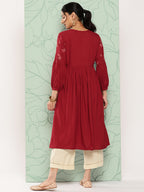 Janasya Women's Maroon Rayon Solid Party Gathered Kurta