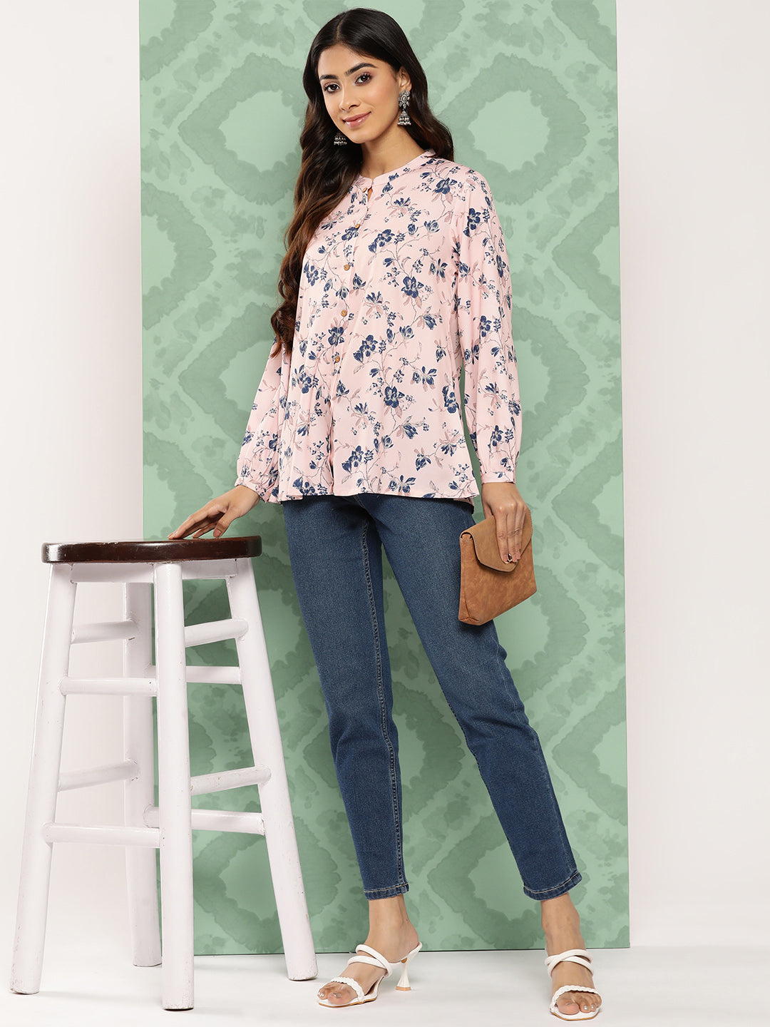 Janasya Women's Light Peach Crepe Digital Printed Casual A-Line Top