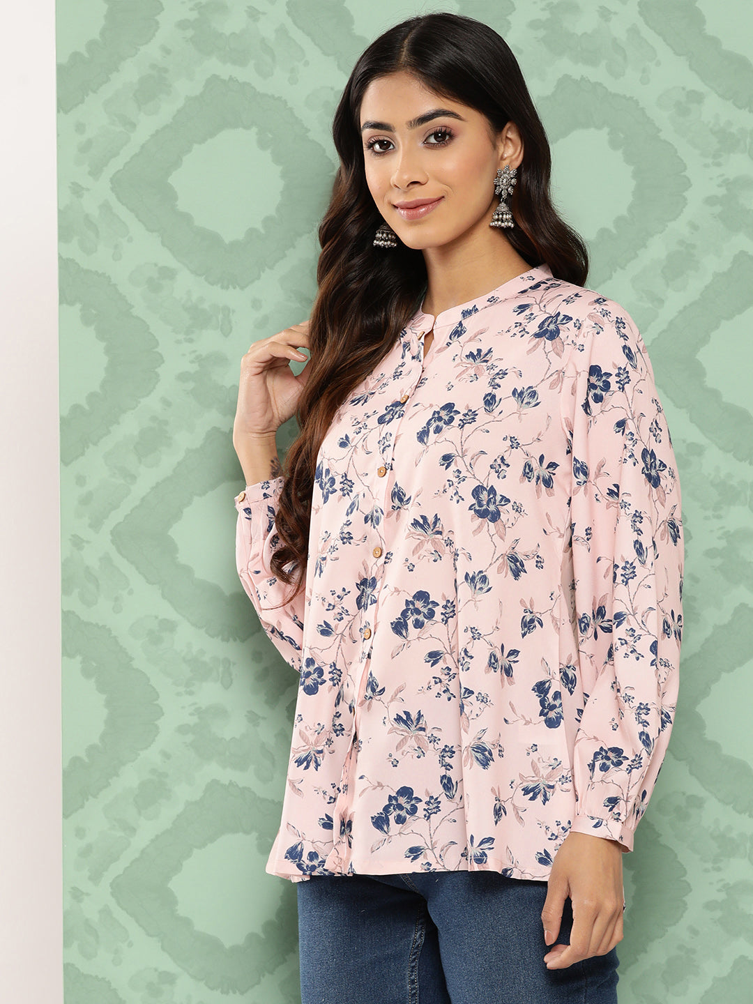 Janasya Women's Light Peach Crepe Digital Printed Casual A-Line Top