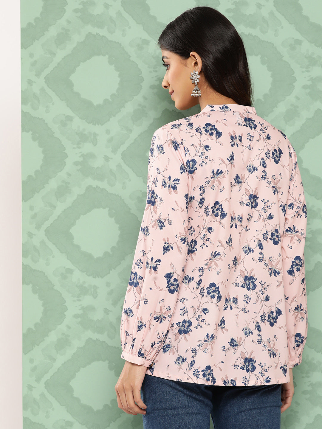 Janasya Women's Light Peach Crepe Digital Printed Casual A-Line Top