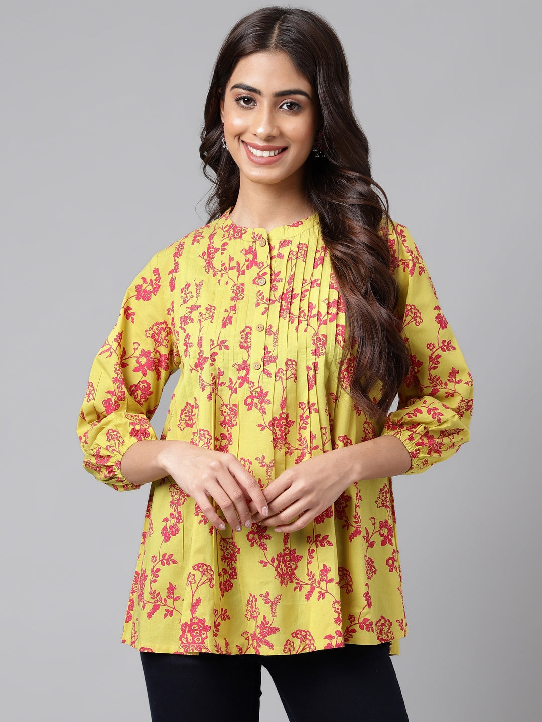 Janasya Women's Yellow Cotton Floral Printed Casual A-Line Top