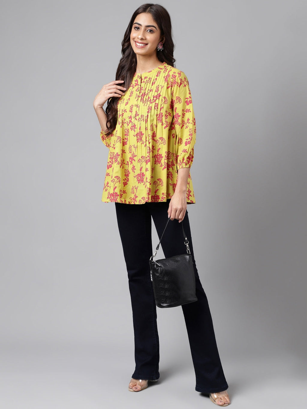 Janasya Women's Yellow Cotton Floral Printed Casual A-Line Top