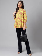 Janasya Women's Yellow Cotton Floral Printed Casual A-Line Top