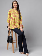 Janasya Women's Yellow Cotton Floral Printed Casual A-Line Top