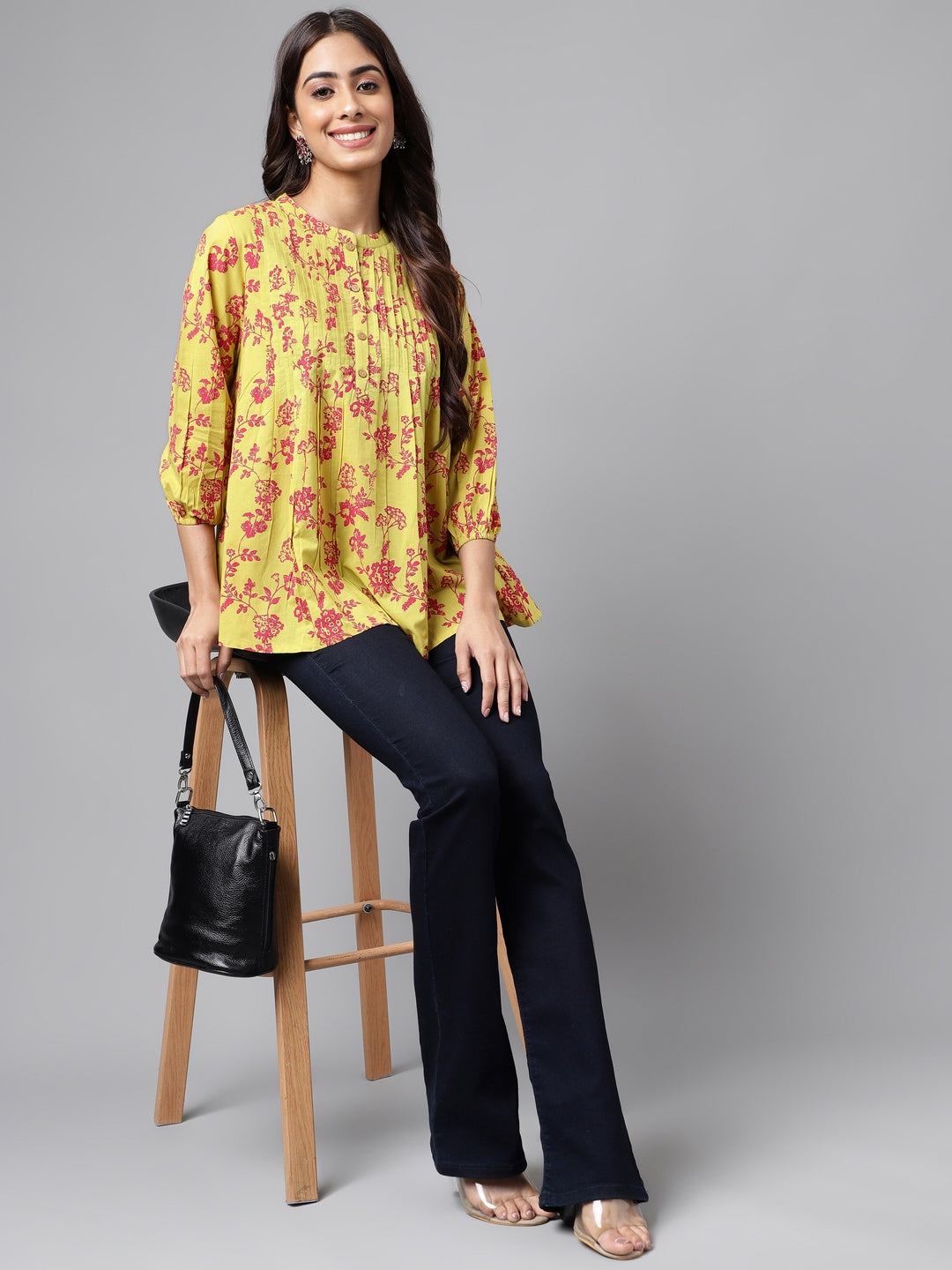 Janasya Women's Yellow Cotton Floral Printed Casual A-Line Top
