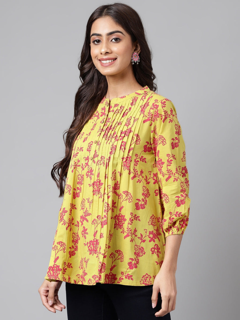 Janasya Women's Yellow Cotton Floral Printed Casual A-Line Top