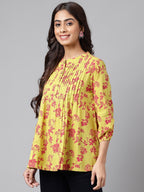 Janasya Women's Yellow Cotton Floral Printed Casual A-Line Top