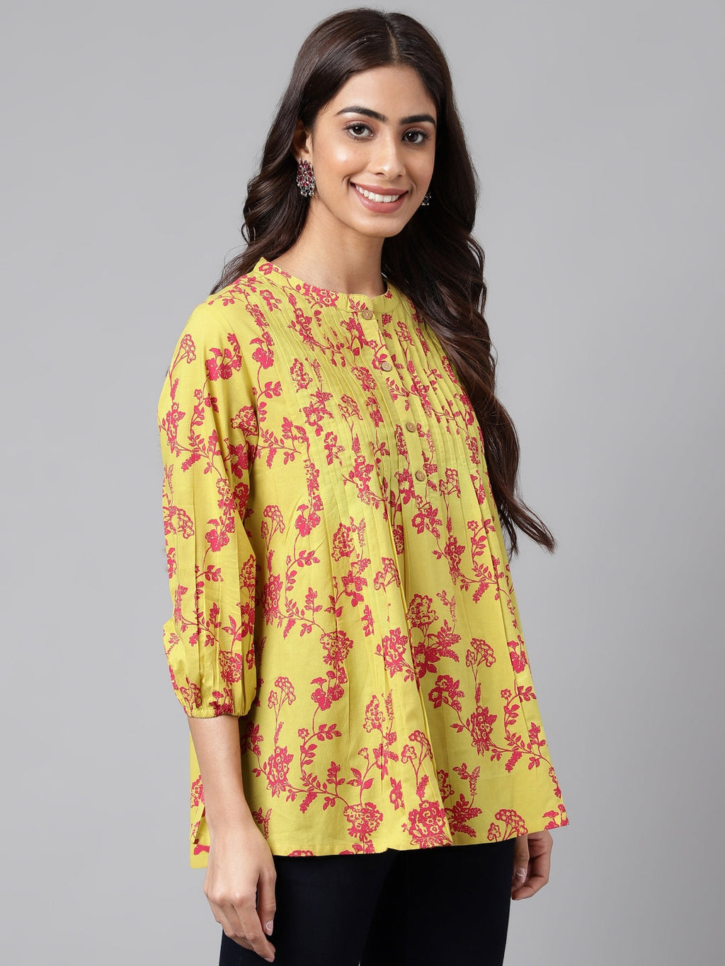 Janasya Women's Yellow Cotton Floral Printed Casual A-Line Top