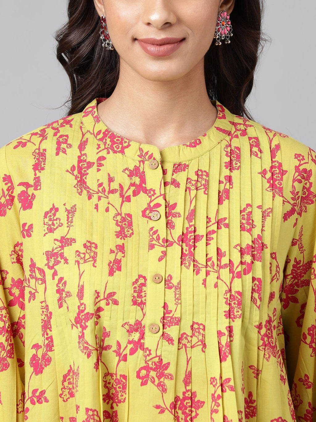 Janasya Women's Yellow Cotton Floral Printed Casual A-Line Top