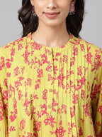 Janasya Women's Yellow Cotton Floral Printed Casual A-Line Top