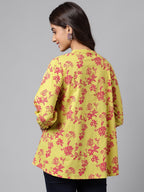 Janasya Women's Yellow Cotton Floral Printed Casual A-Line Top