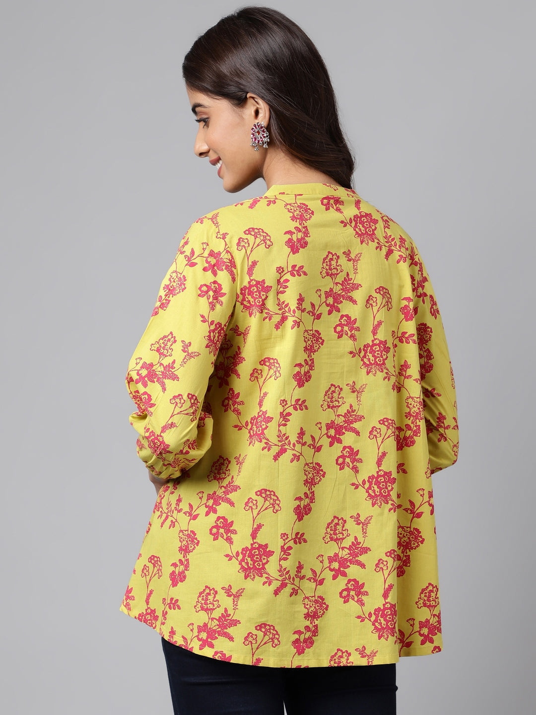 Janasya Women's Yellow Cotton Floral Printed Casual A-Line Top